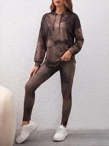 SHEIN Essnce 女款紮染連帽上衣與緊身褲2件套度假裝 - 棕色 - 查看 5