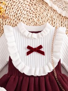 SHEIN Baby Girl Bowknot Decor Colorblock Pleated Casual Knit Dress - Red - View 6