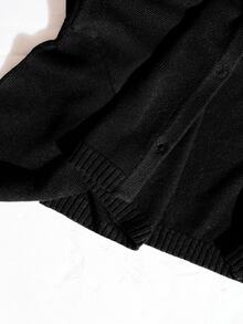 Anewsta Essential Women's Spring/Autumn High Waist Short Knit Cardigan, Round Neck Single-Breasted Loose Lantern Sleeve Commuter Versatile Jacket - Black - View 8