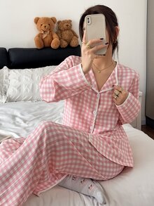 Napfluff Pink & White Plaid Trim Contrast Collar Long Sleeve Pants Pajama Set For Women - Pink - View 6