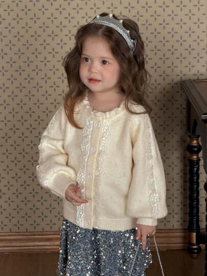 DAZY Baby Girl Frill Trim Round Neck Long Sleeve Contrast Lace Single-Breasted Knit Cardigan