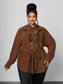 Maweii Plus Size Women Sexy Elegant Loose Brown Long Sleeve Shirt Lace 2 In 1 Inner Layer Western Style Casual Party Office Going Out Daily Loose Blouse Fall - Coffee Brown - View 4