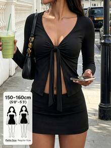 FavEase Petite Butterfly-Shaped Casual Fitted Long Sleeve Top - Black - View 1
