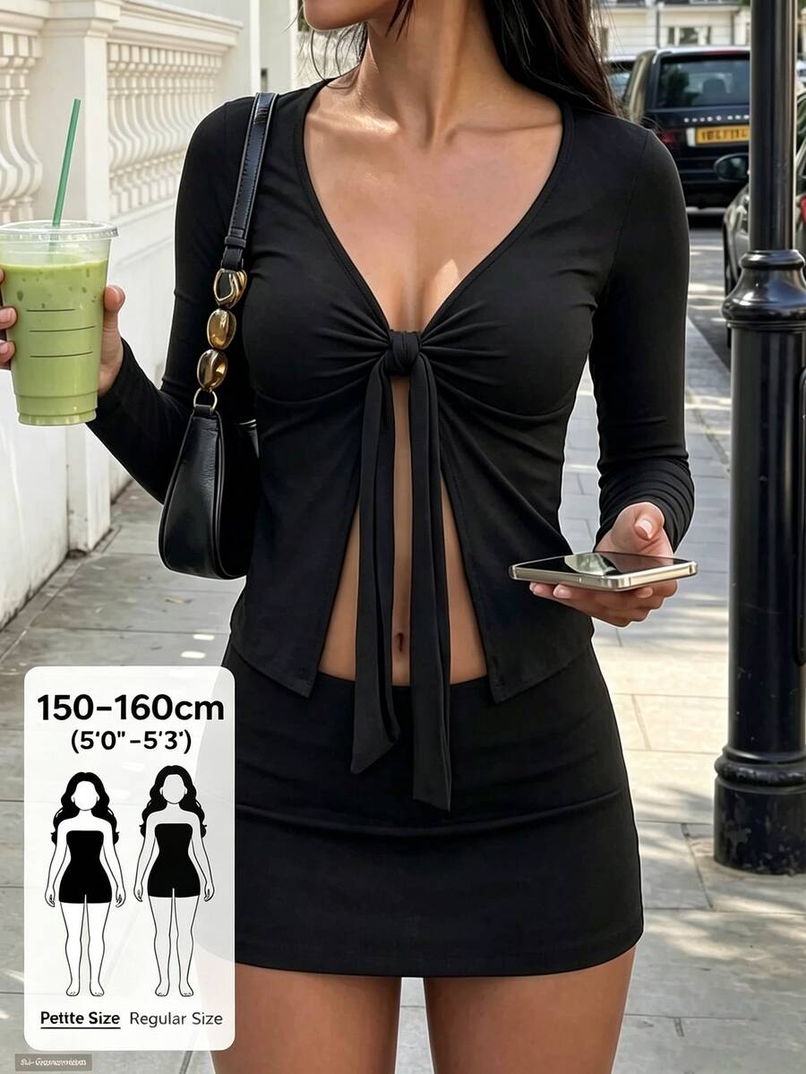 FavEase Petite Butterfly-Shaped Casual Fitted Long Sleeve Top - Black - View 1