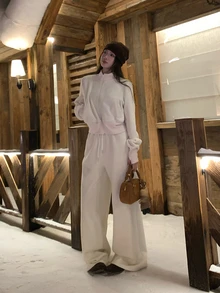 DAZY Women's Korean Style Solid Color Long Sleeve Jacket & Long Pants 2 Pieces Set, Spring/Autumn - White - View 3