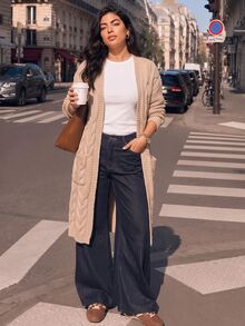 Juhart Slouchy Cable Knit Mid-Length Cardigan, Vintage Loose Fit Oversized Sleeve Pocket Knitted Outerwear Sweater - Khaki - View 3