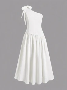 SHEIN Vestidos para niñas preadolescentes, rosa empolvado, elegante de verano, rosa casual de moda, versátil para uso diario, adecuado para ceremonias, fiestas, lazo de doble cara para niños - Blanco - Ver 5