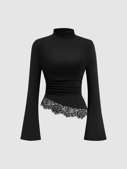 Sweetra Camiseta de mujer de otoño/invierno con cuello semi alto, manga larga, puño acampanado, encaje en contraste y cintura ceñida