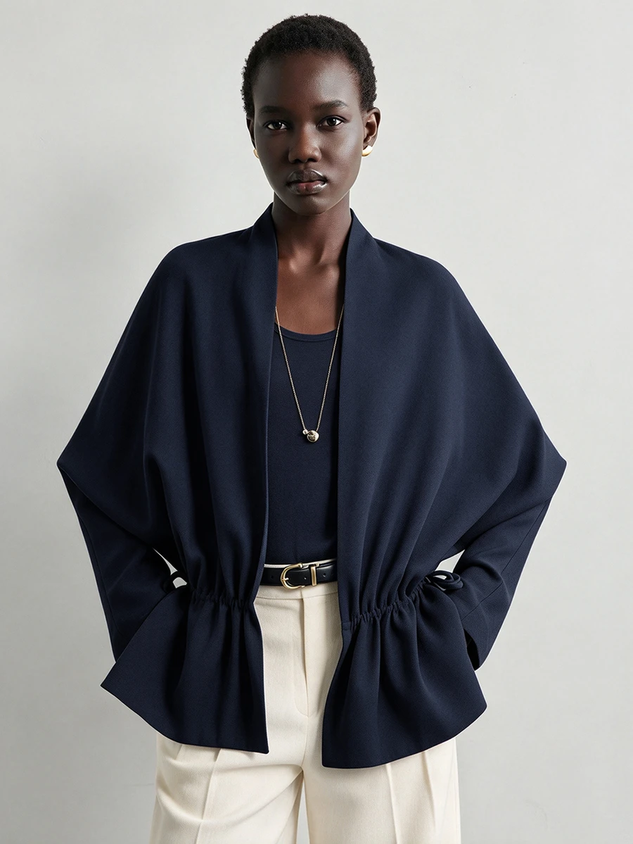 Aalyst Women's Herringbone Texture Apricot Loose Drawstring Side Waist Perforated Tie Bow Adjustable Width Hanging Shoulder Long Sleeved Thin Jacket - Navy Blue - View 1