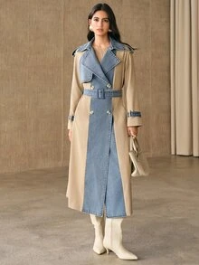 Anewsta Jaket & Mantel Denim Wanita Premium Musim Semi/Gugur, Model Double-Breasted dengan Detail Ikat Pinggang, Warna Putih & Biru, Cocok untuk Komuter. - Khaki - View 6