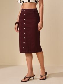 Selenza Chân váy denim nữ cài cúc gợi cảm thanh lịch - Màu Hoa hồng đỏ - Xem 5