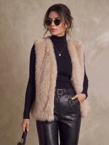 Balvessa Fuzzy Short Vest Plush Jacket Thickened Women's Elegant Retro Fashion Vest For Outing And Commuting - Apricot - View 6