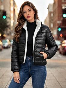 Editum Women's Winter Padded Coat With Pockets And Zipper Long Sleeve - Black - View 8