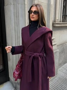 Aloruh Mantel Wanita Elegan untuk Perjalanan Kerja, Warna Polos, Minimalis, Gaya Klasik, Jaket Panjang Sedang Berkerudung Warna Burgundy, Musim Gugur/Dingin - Burgundy - View 7