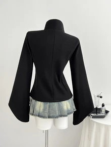Elamini High Neck Double-Breasted Decor Flared Sleeve Overcoat - Black - View 2
