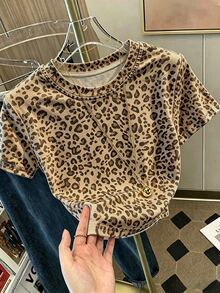 Resyla Leopard Print Digital Print Slim Fit Short Sleeve T-Shirt, Base Layer T-Shirt, Casual T-Shirt, Slim Fit All-Match Top, Gift For Friends - Coffee Brown - View 4