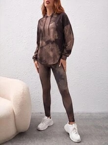 SHEIN Essnce 女款紮染連帽上衣與緊身褲2件套度假裝 - 棕色 - 查看 3