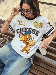 TOM & JERRY X SHEIN 女款字母條紋印花圓領短袖休閒T恤 - 白色 - 查看 4