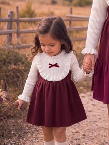 SHEIN Baby Girl Bowknot Decor Colorblock Pleated Casual Knit Dress - Red - View 1