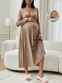 Slowluna Gaun Menyusui Hamil dengan Desain Lipit, Gaya Minimalis untuk Wanita Hamil dan Pasca Melahirkan - Coklat - View 5