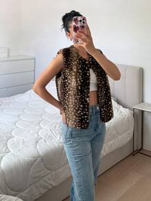 SHEIN EZwear Women's Brown Animal Print Faux Fur Vest - Coffee Brown - View 6