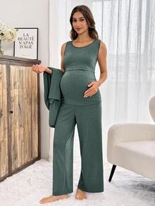 Slowluna Conjunto de maternidad de unicolor con top sin mangas, pantalones y chaqueta para lactancia, otoño - Verde - Ver 9