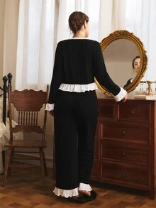 Côtesoire Plus Size Women French Elegant Contrast Color Long Sleeve Pajama Pants Set - Black and White - View 2