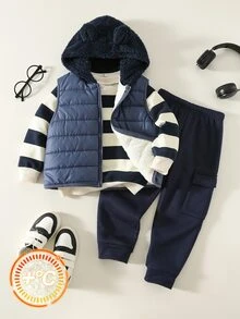SHEIN 3件組兒童小男孩秋冬休閒條紋衛衣套裝，加厚背心外套長褲套裝，男孩套裝，秋冬套裝，外套套裝，滑雪套裝 - 彩色 - 查看 5