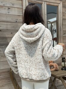 SHEIN EZwear 女款豹紋落肩長袖連帽抓絨運動衫 - 彩色 - 查看 2