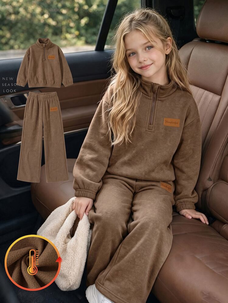 SHEIN Young Girl Vintage Wash Brown Half Zip Sweatshirt & Wide Leg Pants Outfits, Classy Thick Fleece Lined Set For Autumn Winter - Brown - View 1
