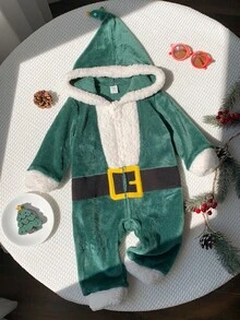 SHEIN 中性新生兒嬰兒男/女童、幼兒秋冬可愛毛絨聖誕老人連身衣、嬰兒冬季連身褲、聖誕老人套裝、聖誕節 - 綠色 - 查看 7