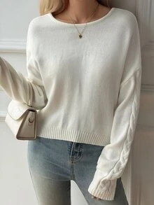 DAZY Women's White V-Neck Cardigan Sweater, Backless With Bowknot, Cable Knit, Loose Casual Commuter Street Date Style, Autumn/Winter - White - View 6