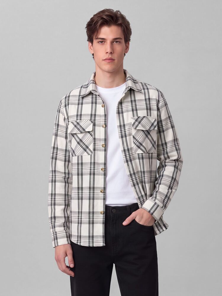Colvenic Men's Plaid Long Sleeve Single-Breasted Casual Workwear Pocket Shacket - Black and White - View 6