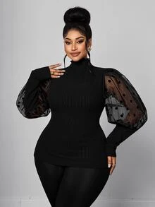 Maweii Plus Size Black Fashion Casual Slim Fit Elegant Long Sleeve T-Shirt - Black - View 1