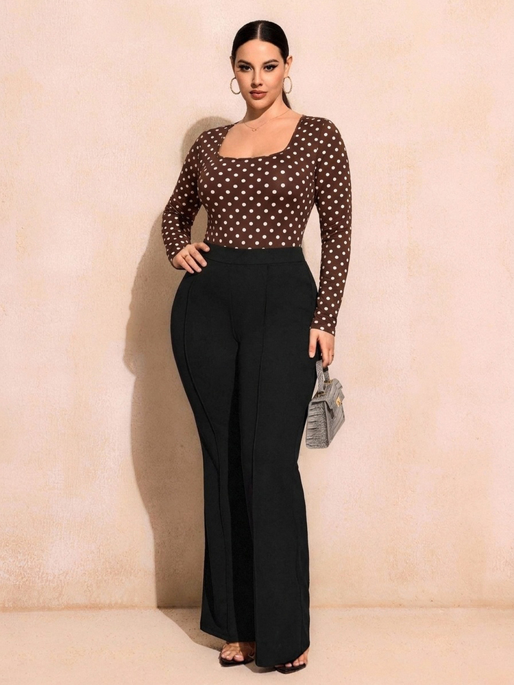 SHEIN SXY Plus Size Casual Brown Polka Dot Knit Fitted Square Neck Long Sleeve Bodysuit, Suitable For Autumn/Winter - Multicolor - View 5