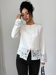 Elenzga Women New Chinese Style Frog Button Satin Jacket, Lace Patchwork Long Sleeve Elegant Party Outerwear, Autumn Winter - Beige - View 4