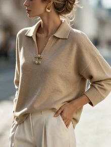 Velvienne Plus Size Vintage Frog Button Long Sleeve Pullover Sweater - Apricot - View 5
