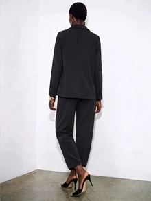 SHEIN Setelan Jas Wanita 2 Potong: Blazer Pendek Hitam dan Celana Panjang Lebar Berlipit - Hitam - View 2