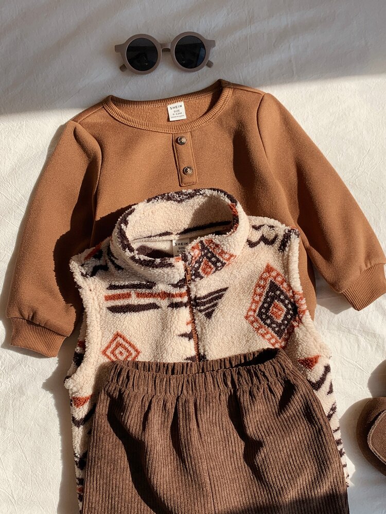 Unisex Baby Boy/Girl, Toddler 3pcs Autumn/Winter Thermal Lined Thick Sweatshirt Set And Fleece Vest Jacket Set, Baby Winter Outfit Set, Christmas - Brown - View 6
