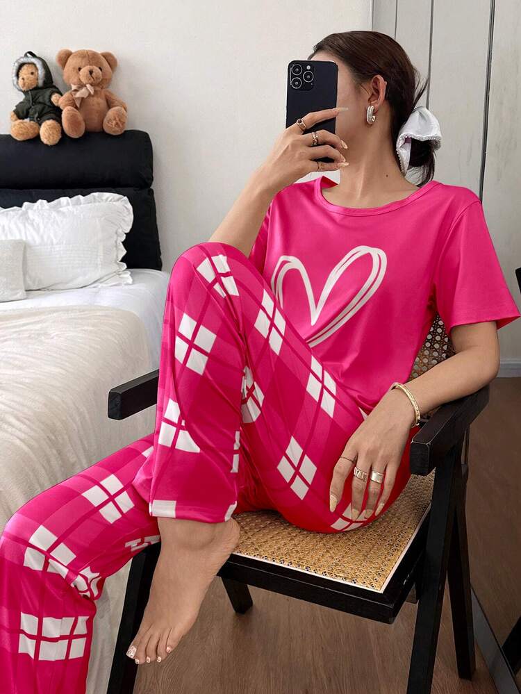 Dream Adore Heart Plaid Print Pink Home Casual Short Sleeve Pajama Set 2pcs - Hot Pink - View 5