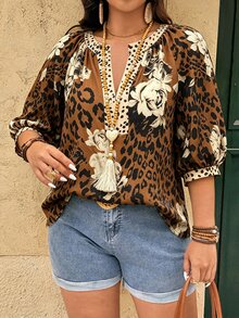 Linhara Fashion Casual Vacation Vintage Elegant Commute 3/4 Sleeve Blue Printed Blouse - Multicolor - View 6
