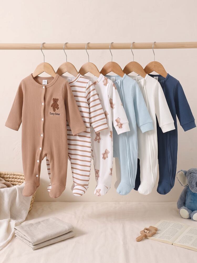 Newborn Long Sleeve Footed Romper, Khaki Soft Ribbed Bear Embroidery Baby Jumpsuit, Round Neck Front Button Closure Footed Baby - Multicolor - View 6