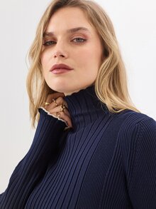 KÆRIA Hus Long Sleeve Ribbed Turtleneck Maxi Knit Dress - Premium Viscose - Navy Tipped - Bodycon, Minimalist - Navy Blue - View 7