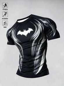 BATMAN X SHEIN Men's Bat Print Raglan Short Sleeve Sports T-Shirt - Multicolor - View 5