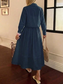 DAZY 春夏女款優雅蕾絲拼接口袋襯衫與裙子兩件套 - 藏蓝色 - 查看 2