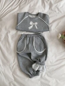 DAZY Infant (Girl) Round Neck Korean Style Long Sleeve Sweatshirt + Casual Long Pants Bowknot Fresh Sweatshirt Set - Grey - View 7