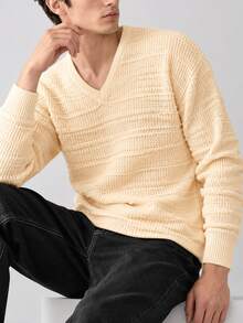 TONEVAULT Men's V-Neck 3D Horizontal Striped Knit Sweater, Old Money Style Textured Drop Shoulder Long Sleeve Casual Versatile Pullover, Autumn/Winter - Apricot - View 7