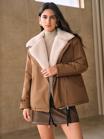 Anewsta Women's Thick Faux Fur Zipper Long Sleeve Jacket