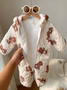 SHEIN 中性新生兒嬰兒男/女童、幼兒秋冬保暖內裡加厚可愛熊造型連帽連身衣、嬰兒冬季連身衣、雪衣、吊帶褲 - 杏色 - 查看 5