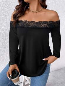 EMERY ROSE Plus Size Women's Elegant Sexy Casual Minimalist Commute Versatile Slimming Daily Lace Trim Patchwork Off-Shoulder Design Long Sleeve T-Shirt Fall - Black - View 4